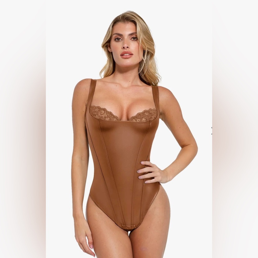 Popilush Size XLarge Shapewear Faux Leather Lace Balconette Sculpting Bodysuit